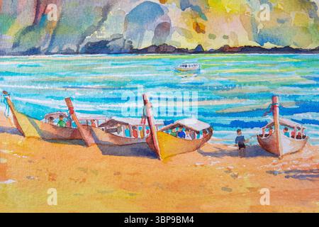 Viaggia nella baia di Maya in Thailandia - pittura ad acquerello paesaggio marino colorato di turismo oceano spiaggia onda nave passeggeri, nuvola di montagna cielo sfondo. Spirito marino Foto Stock