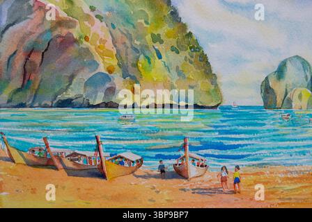 Viaggia verso i luoghi di interesse di Maya Bay in Thailandia: Pittura ad acquerello paesaggio marino colorato di turismo oceano spiaggia onda nave passeggeri, nuvole di montagna cielo backgroun Foto Stock