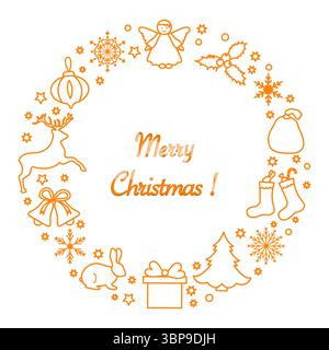Design della corona natalizia con icone natalizie e testo di buon Natale al centro come vettore di sfondo Illustrazione Vettoriale