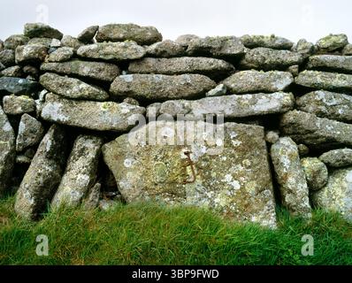 Bosullow Common, Lanyon, West Penwith, Cornovaglia, Inghilterra dettaglio del muro di pietra secca nei campi a sud di Coronation House. Gancio in metallo nel masso centrale Foto Stock
