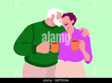 Una coppia senior felice condivide un drink caldo e un momento di gioia, mettendo in risalto il loro legame stretto e la loro amata compagnia. Foto Stock