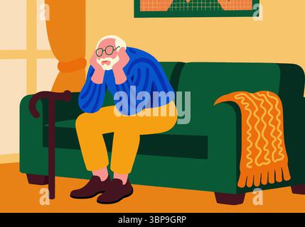Illustrazione di un anziano solitario seduto su un divano, ansioso e premuroso con la testa in mano, bastone nelle vicinanze. Foto Stock