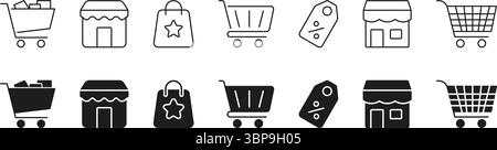 Set di icone shopping e vendita al dettaglio. E-Commerce, acquisti online e sconti Symbol Collection. Icone carrello della spesa, negozio, borsa e etichetta prezzo Illustrazione Vettoriale