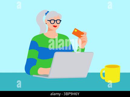 Donna con laptop con carta di credito, tazza sul tavolo, colori blu e verde, stile cartone animato. Illustrazione Foto Stock