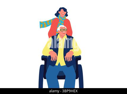 Una donna con una vivace sciarpa spinge un anziano su una sedia a rotelle, entrambi sorridenti su sfondo bianco. Illustrazione Foto Stock