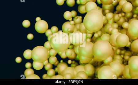 Primo piano astratto di numerose sfere gialle fluttuanti su sfondo scuro. Rendering 3D. Foto Stock