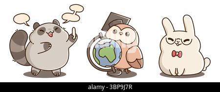 Animali della scuola dei cartoni animati - carino procione con gesso in zampa e bolle di discorso intorno, gufo saggio con cappello graduato che tiene il globo, coniglietto nerd con la cravatta. Simpatiche mascotte educative per l'apprendimento del design Illustrazione Vettoriale