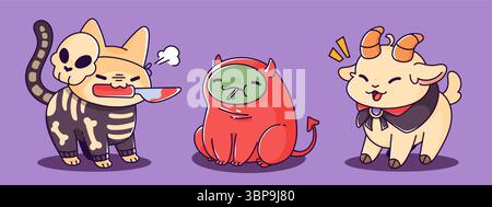 Set di personaggi di Halloween di Kawaii: Gatto scheletro con coltello sanguinoso, rana in costume da diavolo rosso, capra carina con mantello nero. Adorabili animali spaventosi per la decorazione della festa di ottobre e il biglietto d'auguri. Illustrazione Vettoriale