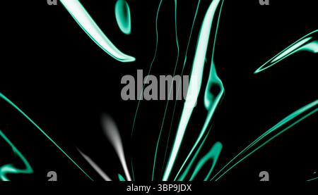 Onde astratte di luce verde acqua fluiscono dinamicamente su uno sfondo nero. Rendering 3D. Foto Stock