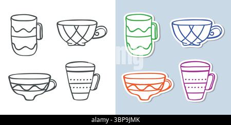 Icona del contorno della tazza di tè o caffè, set di adesivi Clip art. Doodle texture disegnata a mano linea decorativa di tratti, tazza nera di contorno, cartone animato colorato Illustrazione Vettoriale