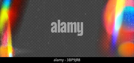 Vecchia trama granulosa con raggi dell'arcobaleno a luce fluida, modalità di sovrapposizione realistica della pellicola, sfondo astratto vettoriale Illustrazione Vettoriale