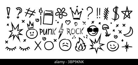 Elementi astratti disegnati a mano graffiti punk scarabocchi e scarabocchi di forme diverse, frecce delle stelle della corona Smileys e vari simboli disegnati con gesso Illustrazione Vettoriale
