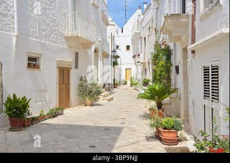 Vicolo stretto con tipiche case antiche con mura bianche nel centro storico di Locorotondo, Apuglia (Puglia), Italia. Foto Stock