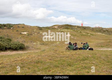 La famiglia di avvistatori di uccelli con telecamere sedute tra le dune ricoperte di erba. La punta di un faro all'orizzonte contro un cielo nuvoloso. Foto Stock