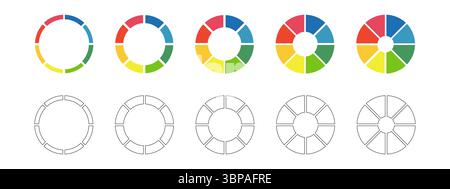 Diagrammi di ciambelle, torte segmentate su 8 parti uguali. Ruote divise in otto sezioni. Set multicolore infografico diagrammi. Grafico della sezione circolare. Pizza Illustrazione Vettoriale