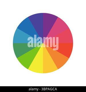 Tavolozza della ruota dei colori. Modello circolare per le scuole d'arte. Cerchio arcobaleno diviso in dodici parti. Icona del selettore colore. Illustrazione vettoriale. Illustrazione Vettoriale
