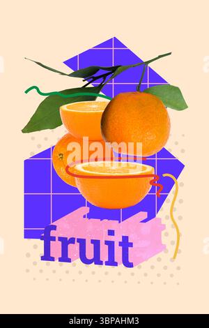 Grafica di tendenza creativa disegna un collage in 3D con poster di agrumi arancio cucina cucina cucina cucina cucina nutrizione affamata nutrizione nutrizione Foto Stock