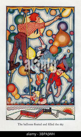 Illustrazione frontespizio dall'edizione 1922 di Rootabaga Stories di Carl Sandburg, pubblicata da Harcourt, Brace, and Company, New York. Illustrata da Maud e Miska Petersham, questa scena stravagante mostra palloncini colorati che riempiono il cielo in uno stile vivace e fantasioso fedele ai fantastici racconti di Sandburg. Foto Stock