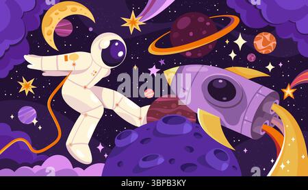Spaceman che cammina nello spazio con un dirigibile volante. Astronauta vettoriale con pianeti e asteroidi, mezzaluna lunare e razzo. COSMOS Suit in missione a gravità zero. Sistema solare, viaggi nell'universo. Astronomia Illustrazione Vettoriale