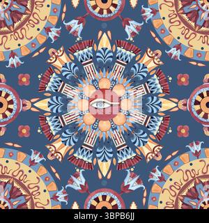 Motivo egiziano senza cuciture, stile arabo, antico ornamento etnico. Motivi geometrici simmetrici, loto astratto, palma, fiori, occhio di Horus Foto Stock