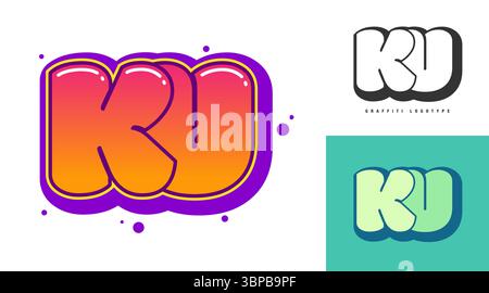 Design del logo KU per festival o feste. Lettere iniziali k e u in stile graffiti. Testo moderno creativo nome dell'azienda tipografia dei font. I bambini sono alla moda Illustrazione Vettoriale