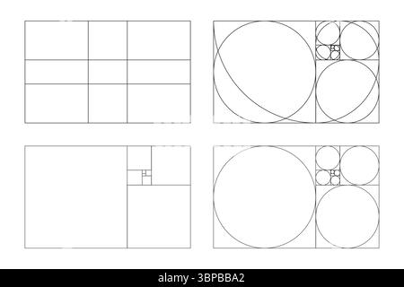 Rapporto d'oro. Matrice Fibonacci, numeri. Proporzioni dorate. Metodo sezioni dorate. Armonia proporzioni forme. Illustrare l'illustrazione grafica. Illustrazione Vettoriale