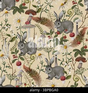 Fantasia in legno senza cuciture in autunno vettoriale con conigli, funghi e fiori Illustrazione Vettoriale