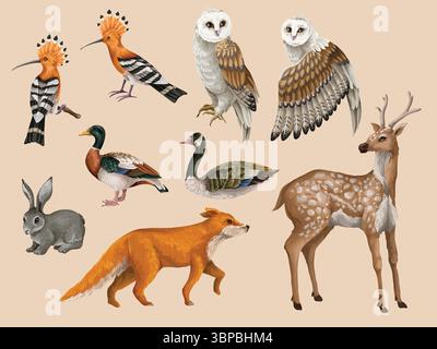 Gli animali e gli uccelli di Wood sono isolati. Vettore. Illustrazione Vettoriale