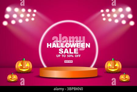 Buon podio di vendita di Halloween. Design del poster con sfondo. Illustrazione vettoriale. Illustrazione Vettoriale