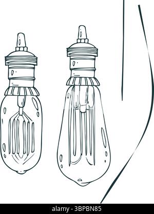 Set di lampadine Edison vintage disegnate a mano in stile line art. Illustrazione a inchiostro perfetta per decorazioni retrò, scene invernali, biglietti di Natale o per un ambiente accogliente Illustrazione Vettoriale