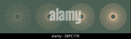 Linee circolari radiali. Elementi di linee circolari. Simbolo dei raggi della stella solare. Fiocchi di neve Peach Fuzz. Forme astratte di illusione. Raggi con strisce radianti Illustrazione Vettoriale