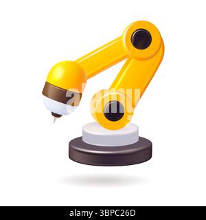 Un braccio robotico giallo brillante tiene una penna nella sua impugnatura, pronta a disegnare o scrivere su una superficie, mostrando le sue capacità Illustrazione Vettoriale