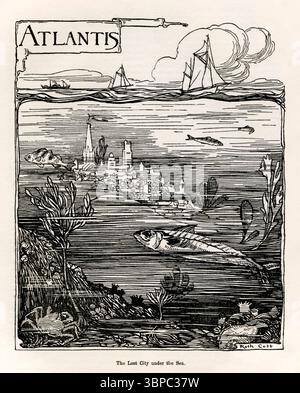 “Atlantis - The Lost City Under the Sea”, illustrazione dell’artista britannica Ruth Cobb (1878-1950) che mostra la mitica città perduta di Atlantide sotto il mare, con una dettagliata vita sottomarina e le guglie e gli edifici della città visibili sotto le navi a vela. Fotografia tratta da un'edizione 1926 del Chatterbox Annual. Foto Stock