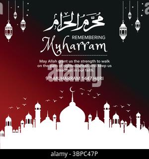 9° Muharram 1447 poster islamico Hijri con calligrafia araba, sagoma della moschea e Lanterne su sfondo rosso e nero Illustrazione Vettoriale