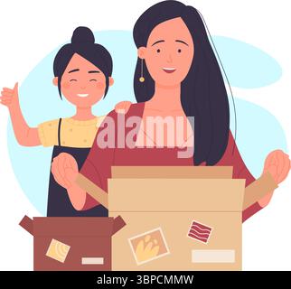 I personaggi della famiglia felice aprono la scatola di cartone, i clienti ricevono il pacchetto con illustrazione vettoriale sorpresa. Cartone animato madre e figlia unboxing ordine online con le merci sfondo. Concetto di servizio regalo Illustrazione Vettoriale