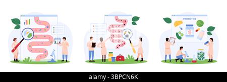 Set di salute del sistema digestivo. Piccole persone con lente di ingrandimento controllare sano buon, cattivo microrganismo e batterio nell'intestino umano, consiglia probiotici per illustrazione vettore cartoni animati di sollievo Illustrazione Vettoriale