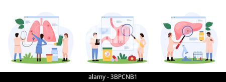 Diagnosi e trattamento delle malattie interne degli organi. Le piccole persone con stetoscopio e lente d'ingrandimento controllano la salute di polmoni, stomaco e fegato al fine di trattare l'illustrazione vettoriale del cartone animato Illustrazione Vettoriale