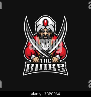 design vettoriale del logo della mascotte king con un moderno stile di illustrazione per la stampa di badge, emblemi e t shirt. illustrazione del re con la spada in mano. Illustrazione Vettoriale