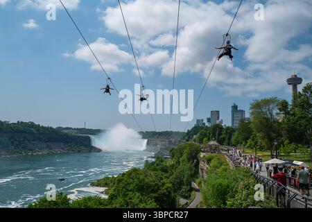 Tre zipliners cavalcano in alto la zona di Niagara parkway con le Horseshoe Falls in lontananza. Foto Stock