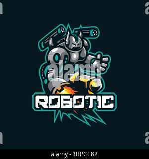 Design del logo della mascotte robotizzata vettoriale con design moderno per la stampa di badge, emblemi e t shirt. Illustrazione robotica per squadre sportive. Illustrazione Vettoriale