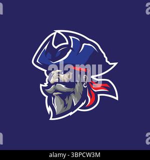 Design vettoriale del logo della mascotte pirata con un moderno stile di illustrazione per la stampa di badge, emblemi e t shirt. Illustrazione della testa dei pirati. Illustrazione Vettoriale