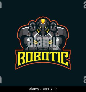 Design del logo della mascotte robotizzata vettoriale con design moderno per la stampa di badge, emblemi e t shirt. Illustrazione del sistema robotizzato. Illustrazione Vettoriale