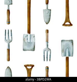Si tratta di una collezione diversificata che presenta illustrazioni di vari strumenti per il giardinaggio, perfetti per più progetti di progettazione. Motivo senza cuciture ad acquerello disegnato a mano su sfondo bianco per la stampa su tessuto e carta. Foto Stock