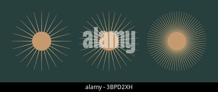 Lussuose cornici tonde con mezzitoni e cerchio sfumato. Scoppio di sole bohémien vintage, raggi di radiah punteggiati, illustrazioni vettoriali di fagioli per logo e design. Illustrazione Vettoriale