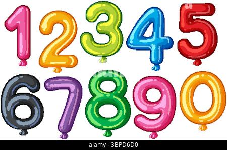 Immagine vettoriale vibrante dei numeri di bollatura 0-9 in vari colori. Finitura lucida con forme divertenti e arrotondate Illustrazione Vettoriale
