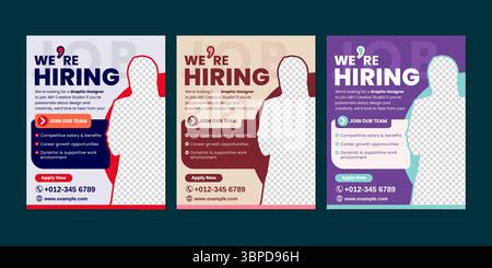 Modelli professionali di poster "We're Hiring" in stile moderno, perfetti per annunci di lavoro, post di reclutamento e promozioni HR. Illustrazione Vettoriale