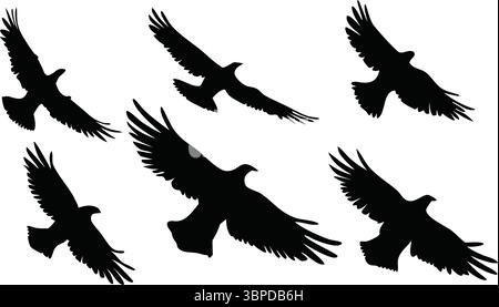 Sei silhouette di uccelli volanti Vector, Black Crow Raven Clipart, Isolated Animal Art, Nature Wildlife Illustration, Ali sparse, design semplice Flock, Illustrazione Vettoriale