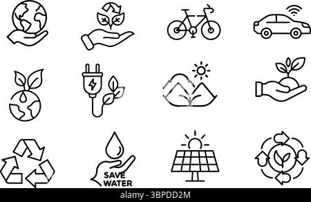 Set di icone ecocompatibili per sostenibilità e ambiente Illustrazione Vettoriale