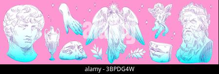 Antico doodle greco con colori sfumati - statue classiche, angelo alato, cherubino, vaso di anfora e filosofo barbato su sfondo rosa. Illustrazioni estetiche Vaporwave per la progettazione mitologica Illustrazione Vettoriale