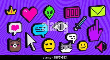 Icone di pixel retrò con effetto 3d su sfondo viola ondulato: Volti emoticon, cuori e corona, cranio, spada e busta postale, bolle di chat e mano del cursore, avatar di orsi per interfacce di gioco. Illustrazione Vettoriale
